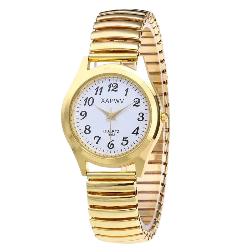 Two analog quartz wrist watches, one with a silver band and case, white dial with black numerals, and the other with a gold tone band and case, white dial with gold numerals.