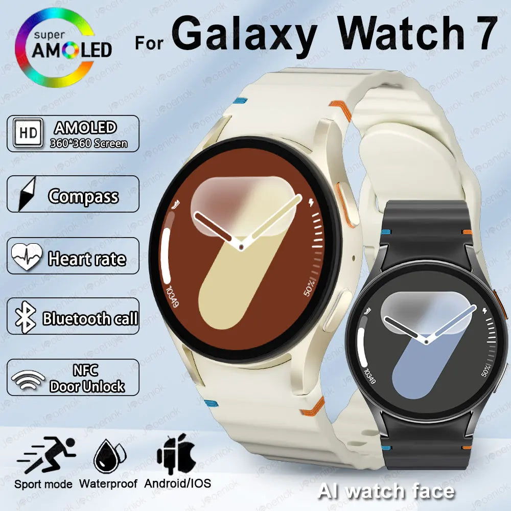 Galaxy Watch 7 smartwatch, including the AMOLED screen, compass, heart rate monitor, fitness tracking, waterproof design, and Bluetooth call functionality.