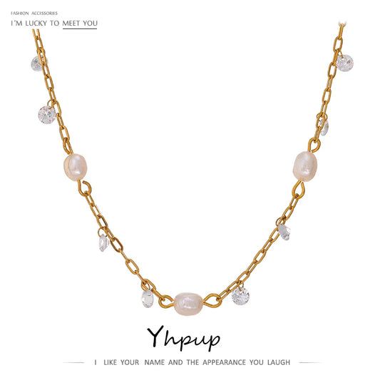 Yhpup 316L Stainless Steel Chain Necklace Trendy Natural Pearl Cubic Zirconia Collar for Women Fashion Jewelry Wedding Gift