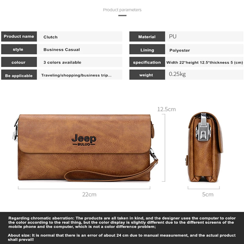 JEEP BULUO Brand PU Leather Clutch Bag In Three Colors  New Style Men's Wallet Long Card Bag  Men's Wallet  Zipper  Large Space