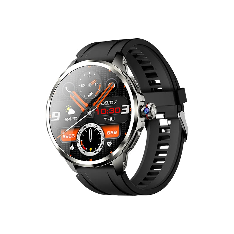 A digital smartwatch with a black band and case, featuring a round AMOLED display showing time, date, weather, and various smart watch notifications. The watch is marketed as having cellular card version, Bluetooth, WiFi, and a camera.