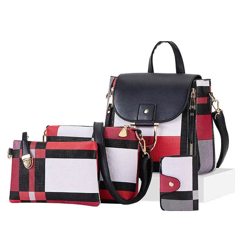 4 Pcs Set Ladies HandBags Large Capacity Handbags Plaid Color Backpack For Female PU Leather Fashion Tote Shoulder Crossbody Bag - Imbasat