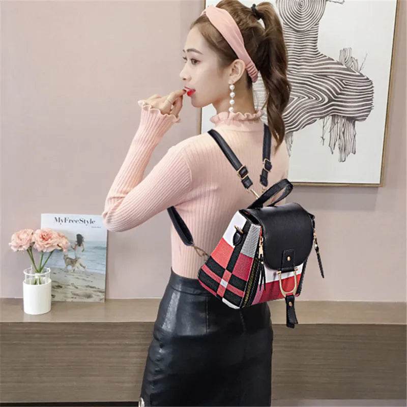 4 Pcs Set Ladies HandBags Large Capacity Handbags Plaid Color Backpack For Female PU Leather Fashion Tote Shoulder Crossbody Bag - Imbasat