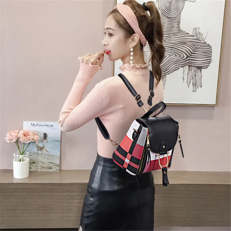 4 Pcs Set Ladies HandBags Large Capacity Handbags Plaid Color Backpack For Female PU Leather Fashion Tote Shoulder Crossbody Bag