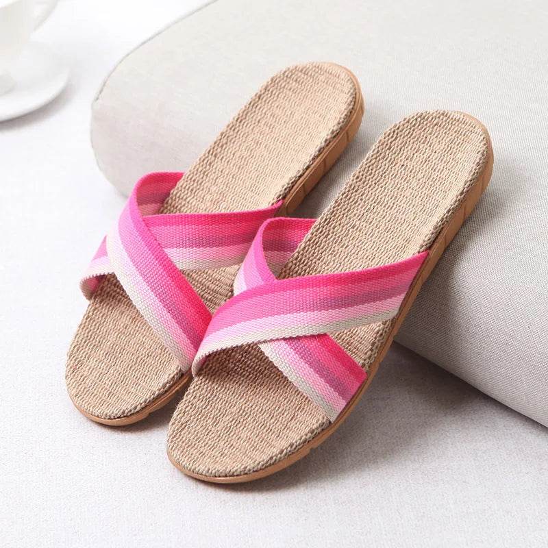 Mntrerm 2022 New Casual Sneakers For Home Slippers Summer Mixed colors Floor Woman Indoor Flats Shoes Cross Linen Slipper Terlik - Imbasat