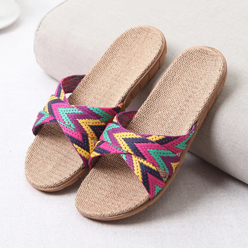 Mntrerm 2022 New Casual Sneakers For Home Slippers Summer Mixed colors Floor Woman Indoor Flats Shoes Cross Linen Slipper Terlik