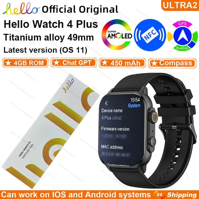 Hello Watch 4 Plus ULTRA2 smartwatch with a black band and titanium alloy case, highlighting features such as AMOLED display, GPS, NFC, and compass.