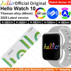 Hello Watch 10 Smartwatch, highlighting its features such as AMOLED screen, 4GB ROM, GPS, NFC, and compass, among others. It displays the watch with a white band and a digital screen showing various watch faces and features.