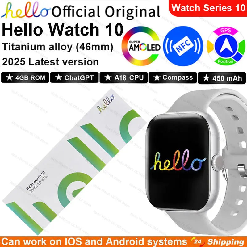 Hello Watch 10 Smartwatch, highlighting its features such as AMOLED screen, 4GB ROM, GPS, NFC, and compass, among others. It displays the watch with a white band and a digital screen showing various watch faces and features.