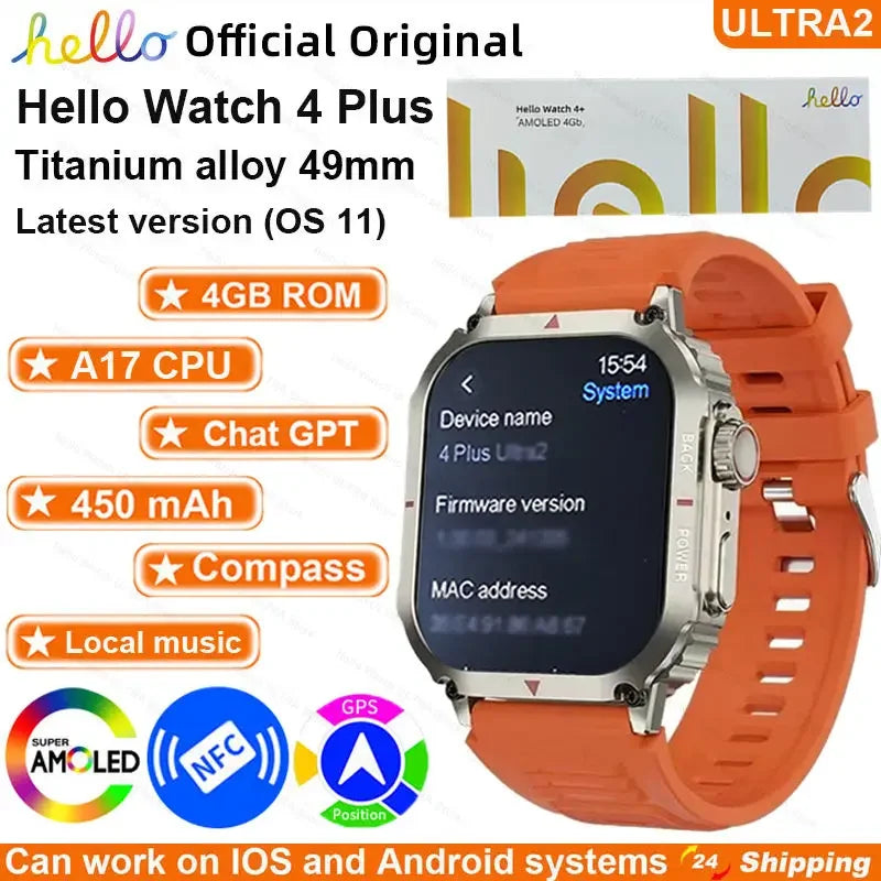 Hello Watch 4 Plus ULTRA2 smartwatch featuring the watch with an orange band and a silver metal case, displaying various features such as AMOLED, GPS, and Bluetooth.