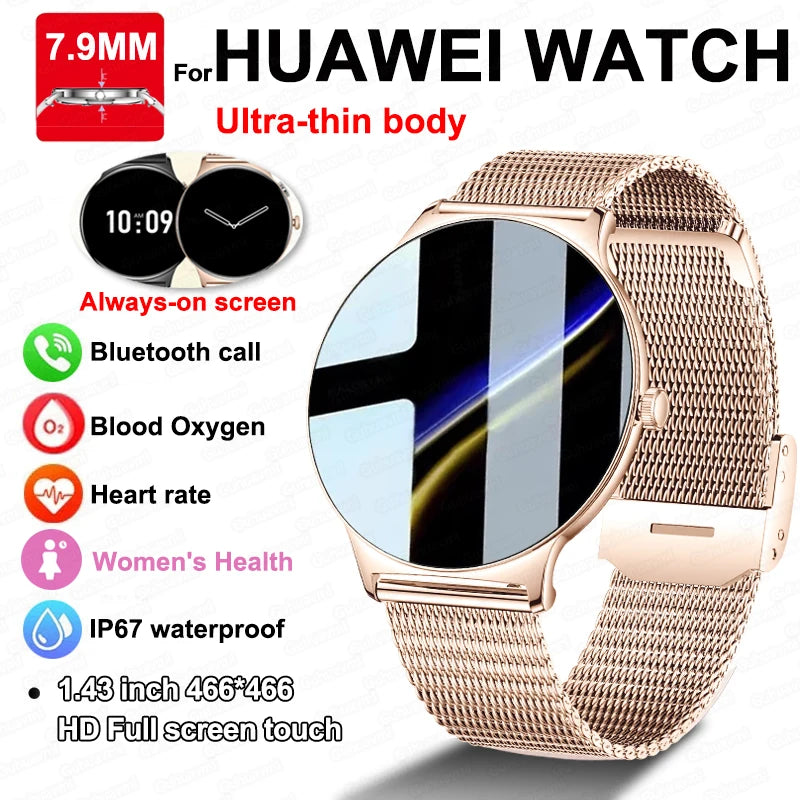 A Huawei smartwatch with a gold-colored case and band, featuring a round AMOLED display and a metal band.