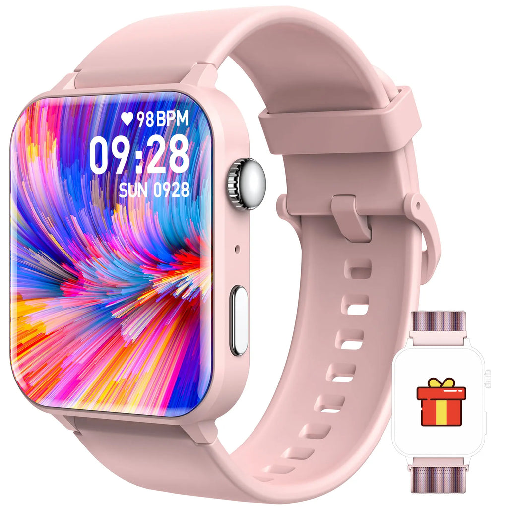 A pink smartwatch with a silicone band and a digital display showing time, heart rate, and other fitness metrics.