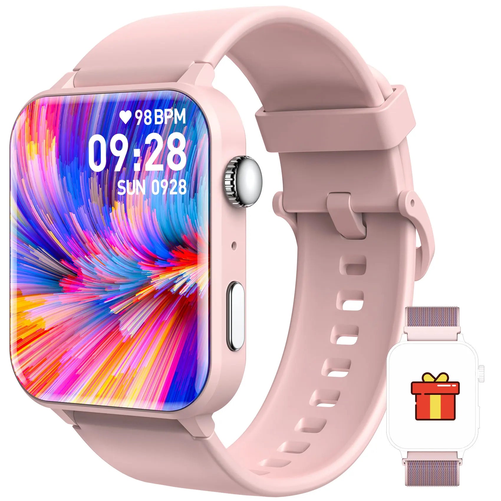 A pink smartwatch with a silicone band and a digital display showing time, heart rate, and other fitness metrics.