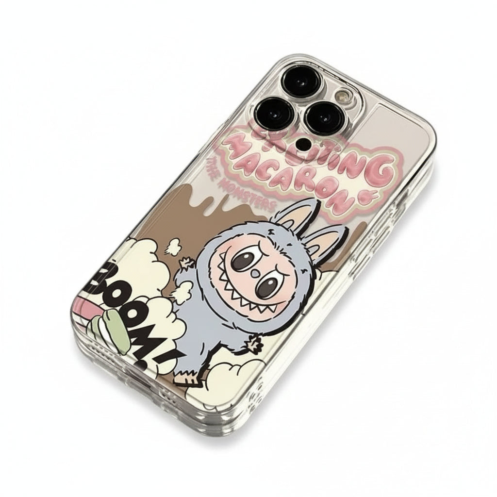 IPhone case with cartoon character and text on a white background