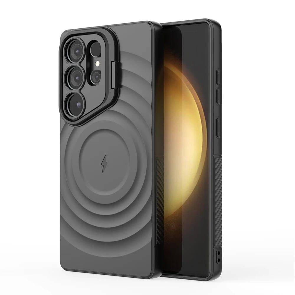 A black silicone phone case for Samsung with a magnetic lens stand, showcasing the front and back view of the case with the phone's camera and charging port protected.