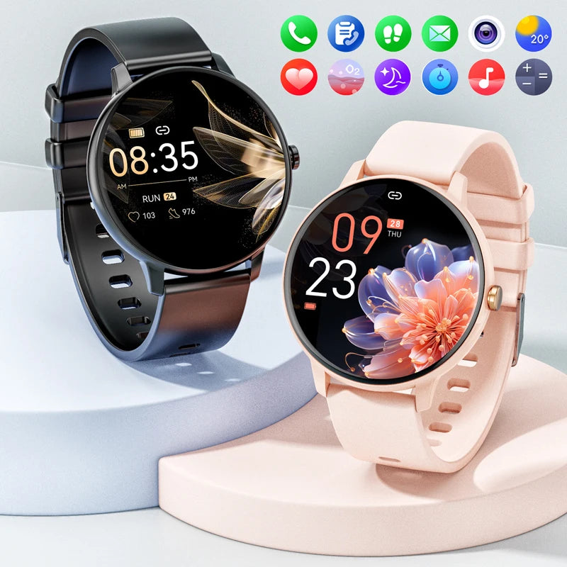 Two smartwatches, one with a black band and black case, the other with a pink band and pink case, displayed on a stand with various icons indicating features such as fitness tracking, health monitoring, and Bluetooth connectivity.