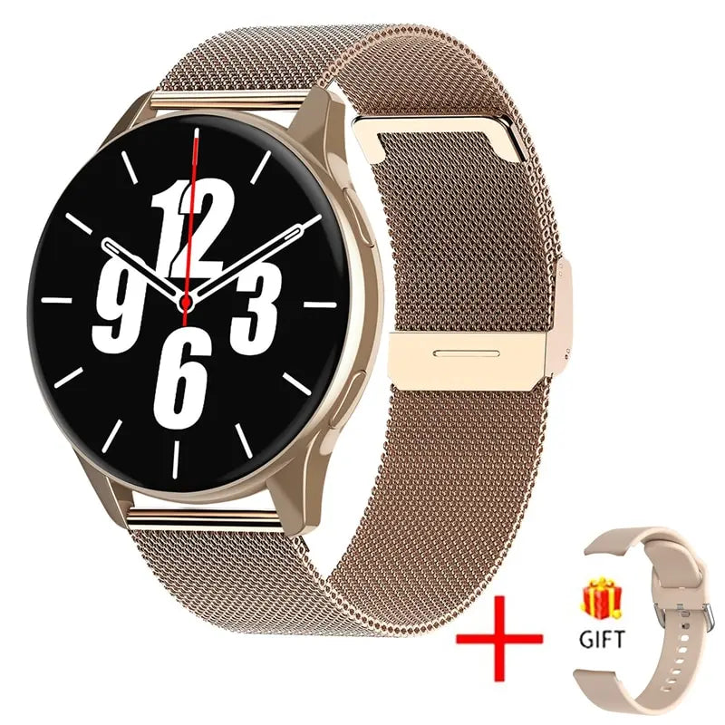 A LIGE branded smartwatch with a silver stainless steel band and a round silver case. The watch is displayed on a charging stand, and there is a icon indicating Bluetooth call capability.