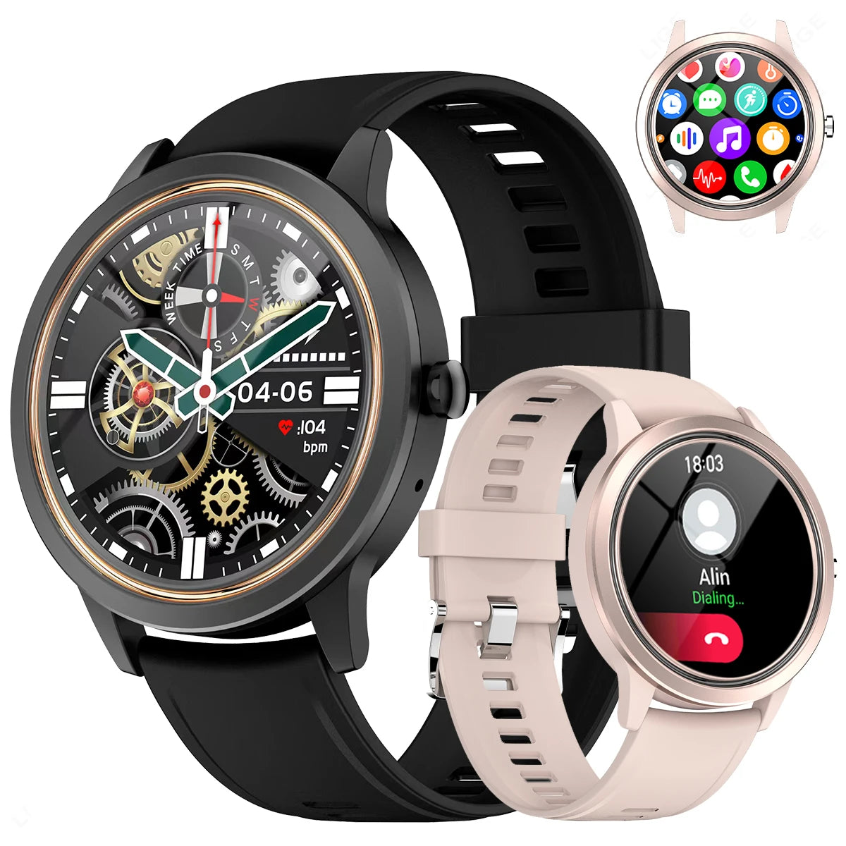 LIGE 2025 smartwatch with a round display in two color variations: black and gold, and beige. The watch features a silicone band and a digital face with various function indicators.