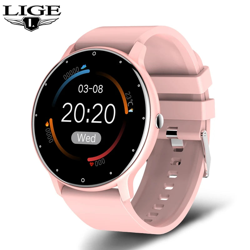A digital smartwatch with a rose gold case and band, featuring a round screen displaying various icons and metrics such as heart rate and steps taken. The watch has a touchscreen interface.