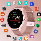 A digital smartwatch with a rose gold case and band, featuring a round screen displaying various icons and metrics such as heart rate and steps taken. The watch has a touchscreen interface.