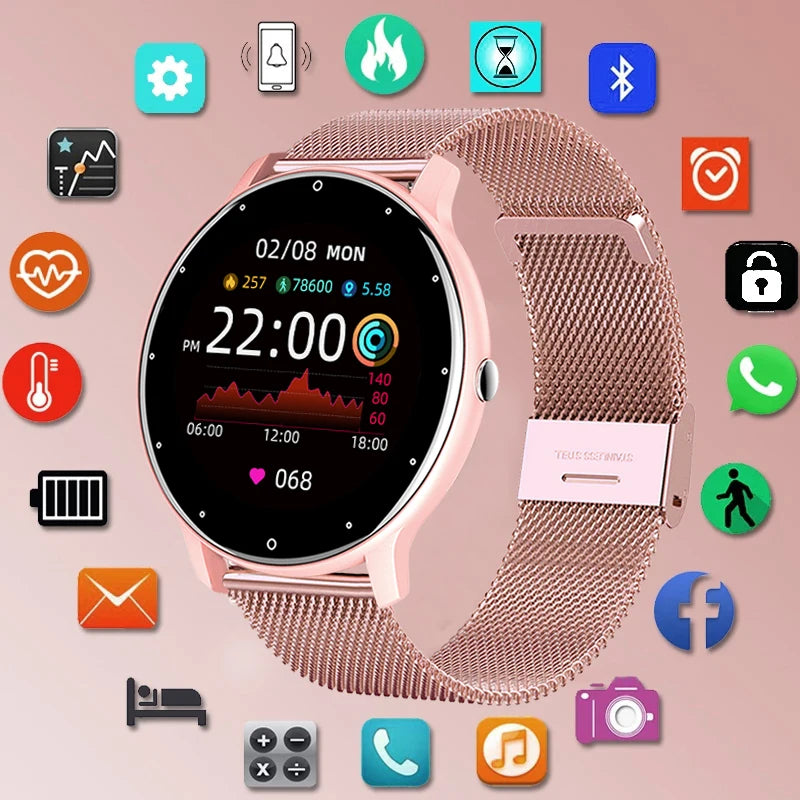 A digital smartwatch with a rose gold case and band, featuring a round screen displaying various icons and metrics such as heart rate and steps taken. The watch has a touchscreen interface.