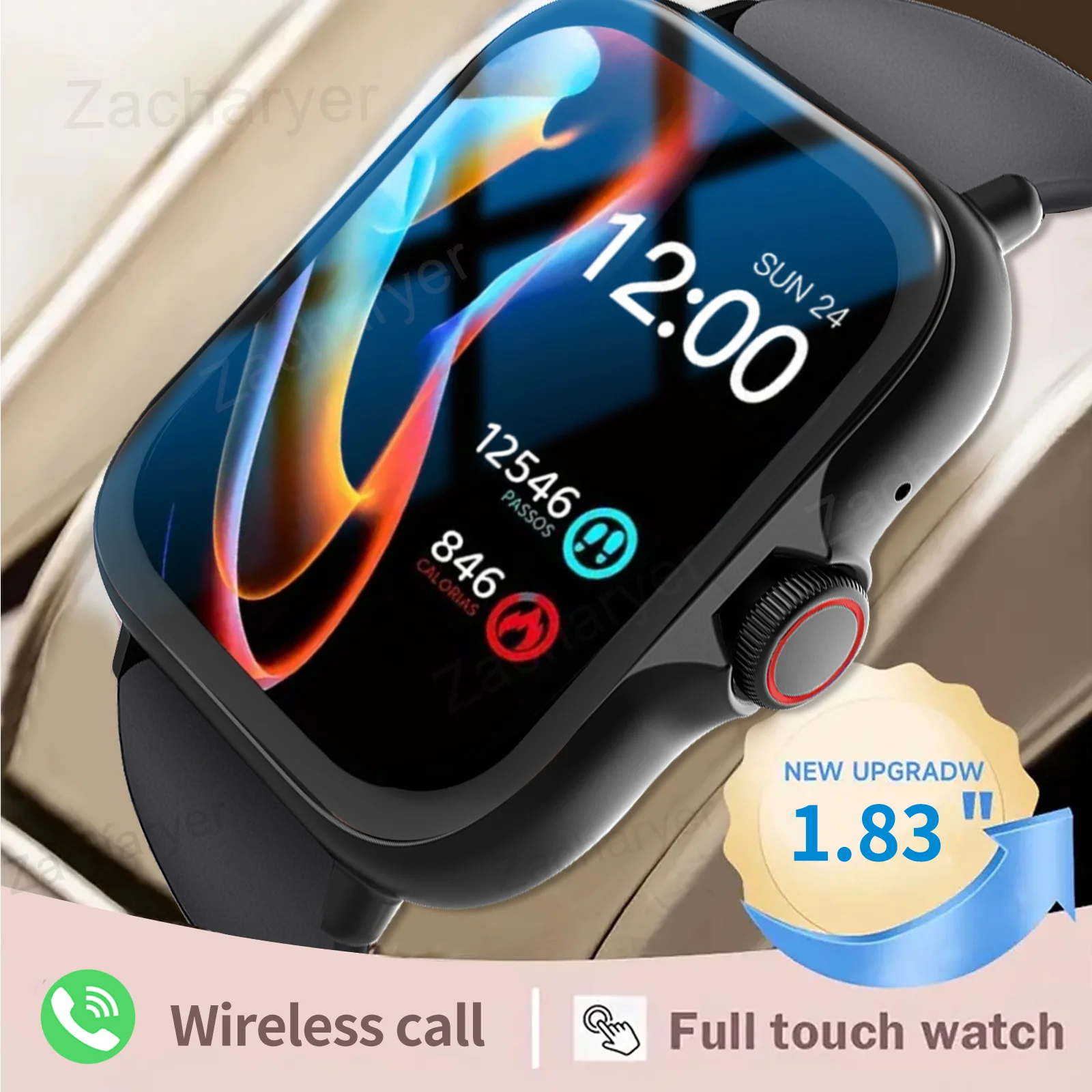A digital smartwatch with a black band and case, displaying a colorful digital dial interface showing time and various notifications.