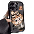 Phone case with a cartoon character wearing glasses and a hat, held by a hand.