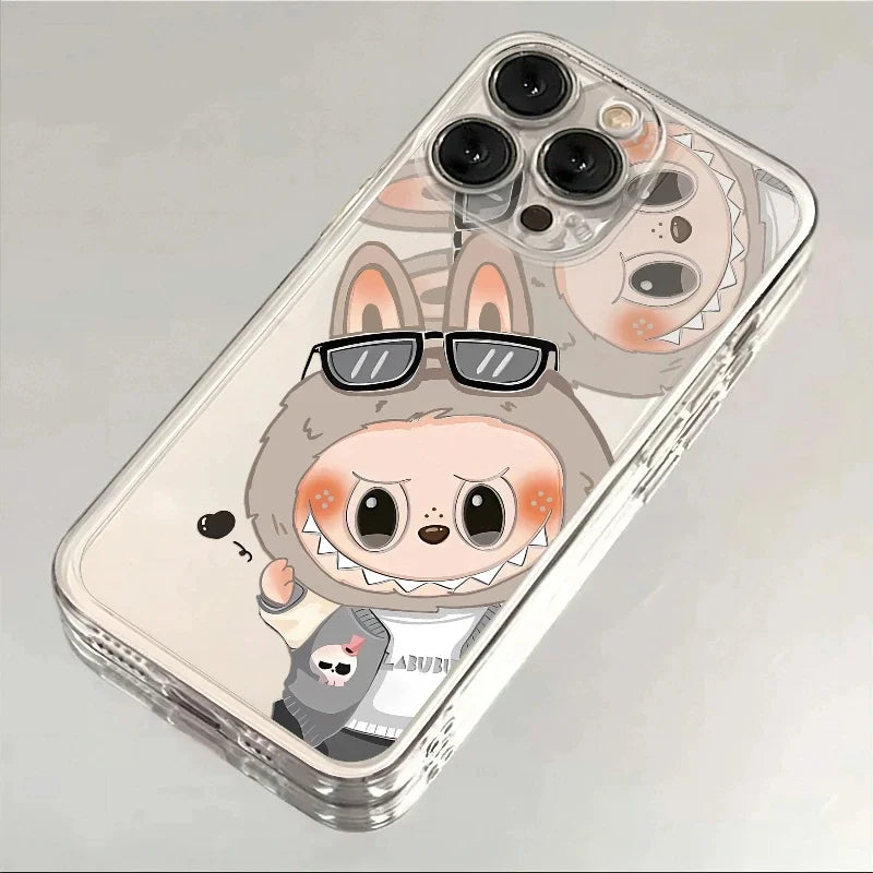 Phone case with a cartoon character wearing sunglasses on a gray background