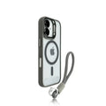 A clear plastic case for an iPhone with a magnetic ring stand and a lanyard attached.