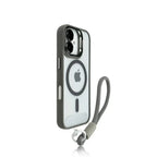 A clear plastic case for an iPhone with a magnetic ring stand and a lanyard attached.