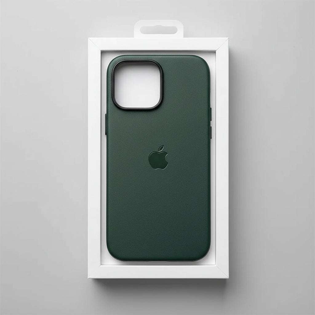 Green phone case with Apple logo in a white box on a gray background