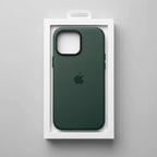 Green phone case with Apple logo in a white box on a gray background