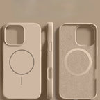 A solid brown liquid silicone Magsafe case for various iPhone models, showing the front and back view of the case.
