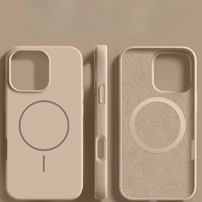 A solid brown liquid silicone Magsafe case for various iPhone models, showing the front and back view of the case.