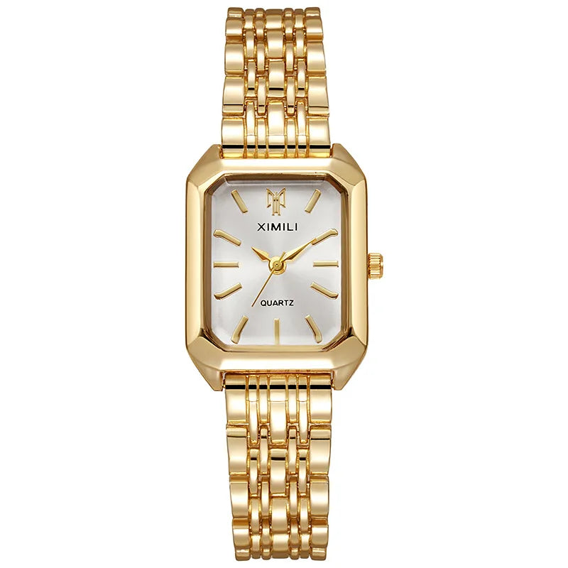 A woman wearing a gold-colored, rectangle-shaped watch with a steel band. The watch has a white dial with gold hands and markers, and the brand name 'XIMILY' is visible on the watch face.