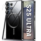 A clear silicone case for Samsung Galaxy S25 Ultra Plus with a built-in magnetic car mount and camera lens protector.