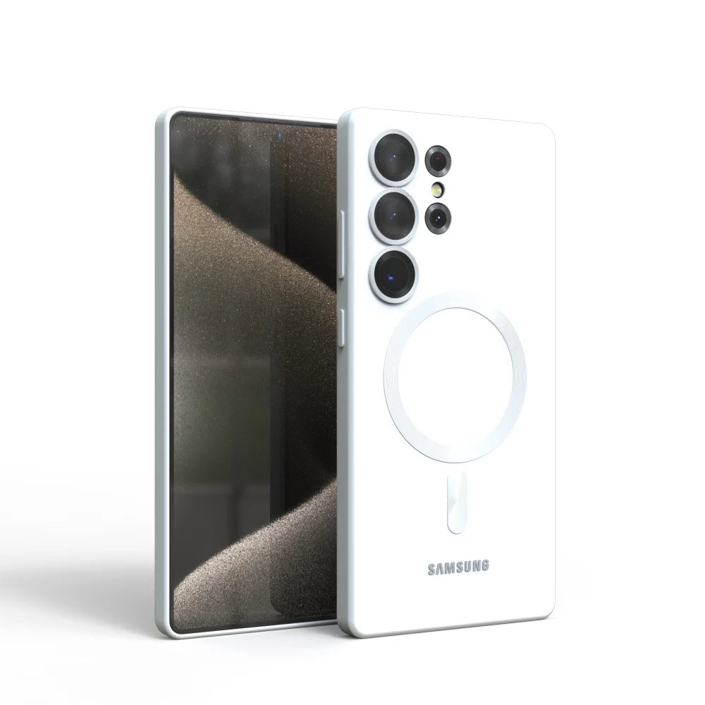 A series of Samsung Galaxy phone cases in various colors, each featuring a MagSafe circular design on the back, indicating compatibility with the S25 series.