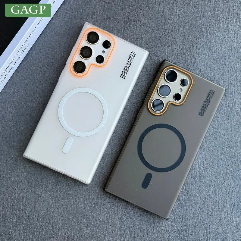 Two smartphone cases with MagSafe compatibility, one in white and one in gray, displayed on a flat surface.