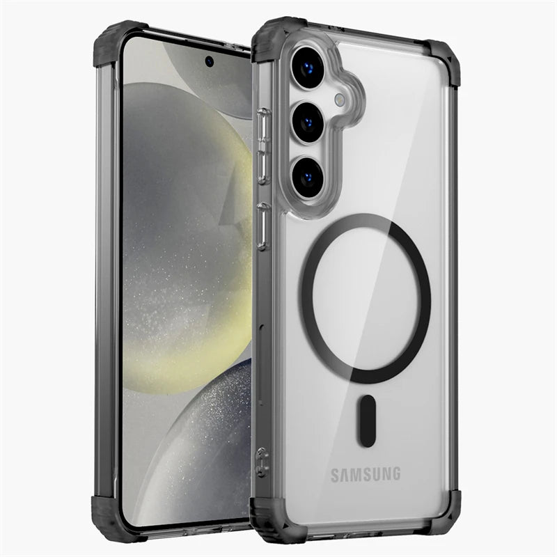 A clear, hard case for Samsung Galaxy smartphones with a magnetic charging circle on the back, providing full coverage and protection.