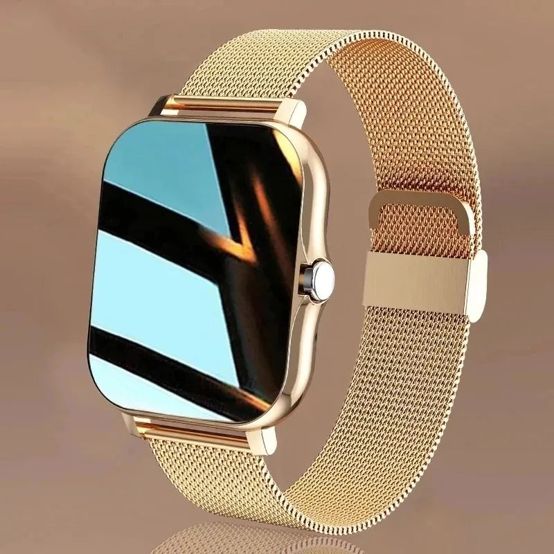 A gold-colored square smartwatch with a metal band, displayed on a wrist.
