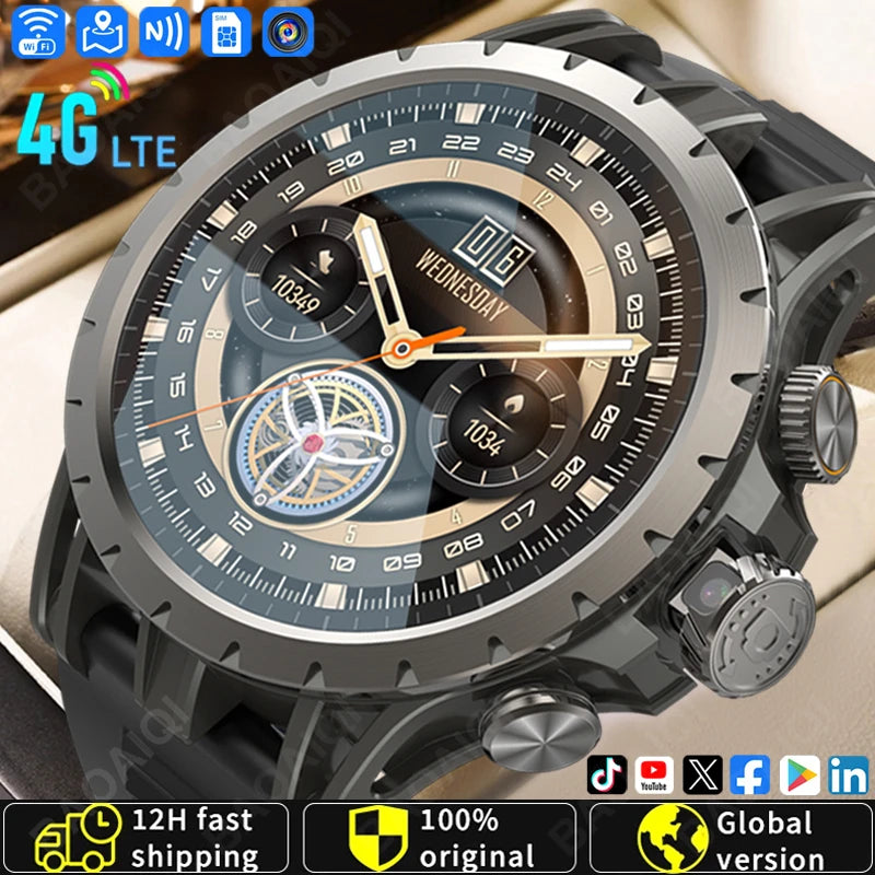 A digital smartwatch with a black band and case, featuring a black and silver dial with various subdials and a digital display indicating 4G connectivity.