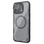 Nillkin magnetic case for iPhone 16 series, showing a transparent PC back cover and TPU frame in black color, with MagSafe feature.