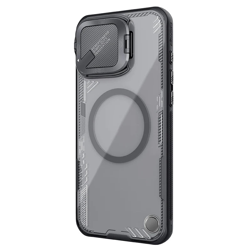 Nillkin magnetic case for iPhone 16 series, showing a transparent PC back cover and TPU frame in black color, with MagSafe feature.