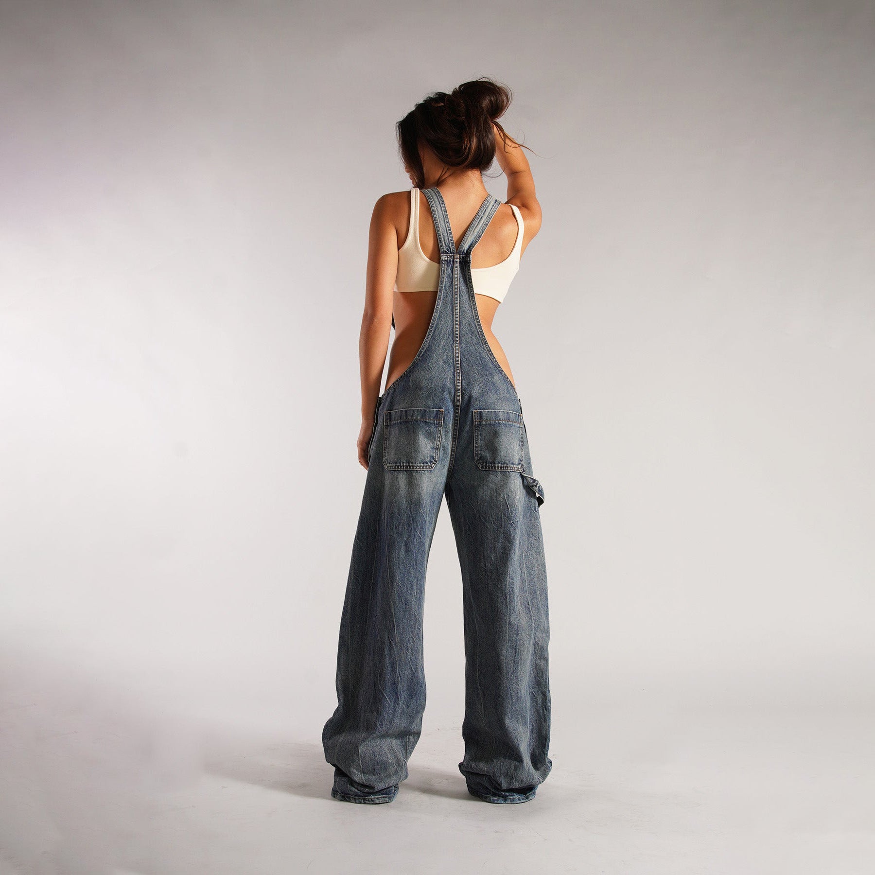 Jumpsuits Jeans Overalls  Backless Vintage Full Length Denim Straight Pants Loose Pockets