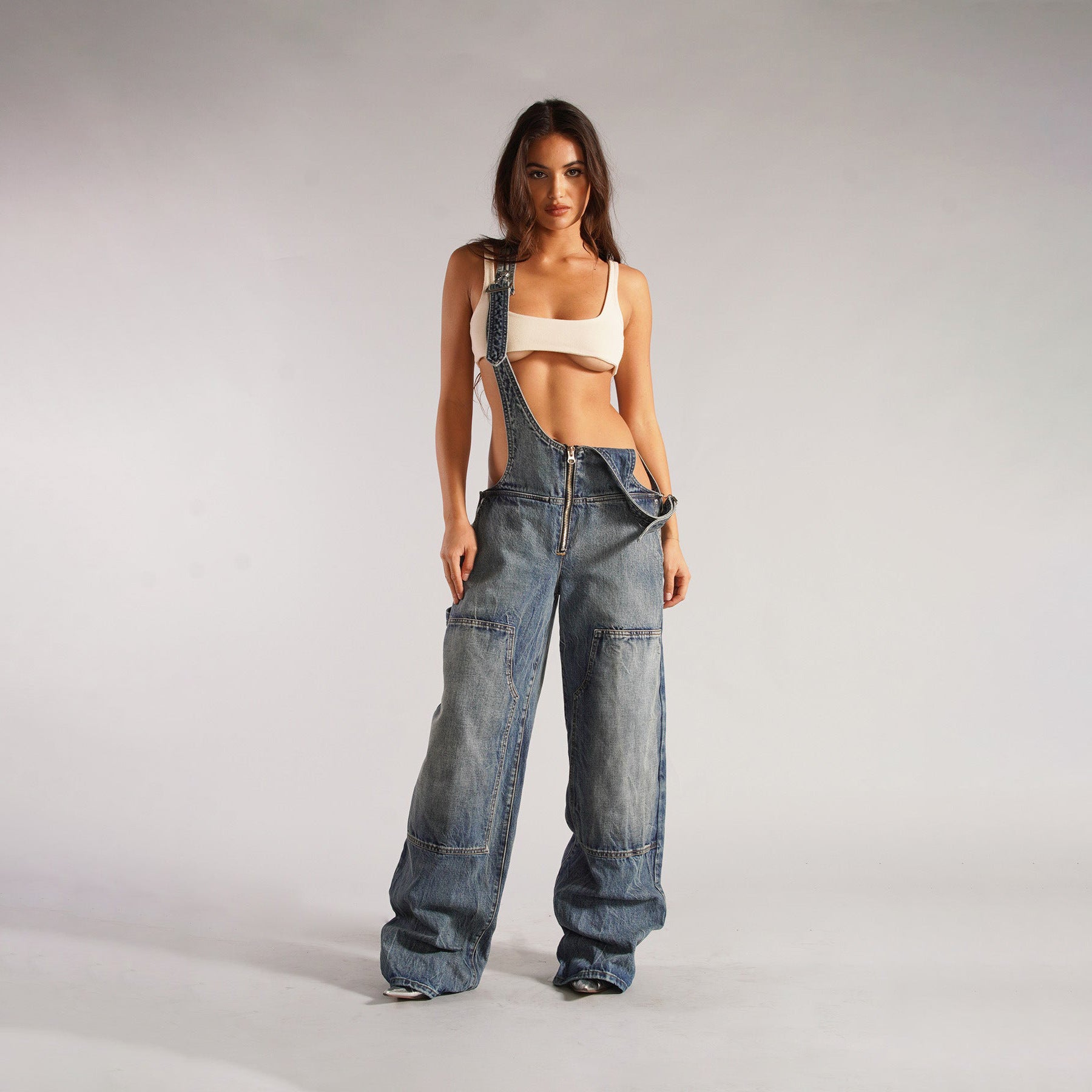 Jumpsuits Jeans Overalls  Backless Vintage Full Length Denim Straight Pants Loose Pockets