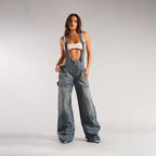 Jumpsuits Jeans Overalls  Backless Vintage Full Length Denim Straight Pants Loose Pockets