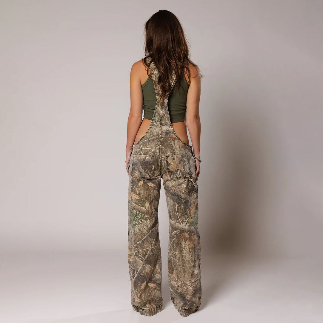 Jumpsuits Jeans Overalls  Backless Vintage Full Length Denim Straight Pants Loose Pockets