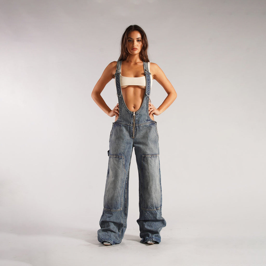 Jumpsuits Jeans Overalls  Backless Vintage Full Length Denim Straight Pants Loose Pockets