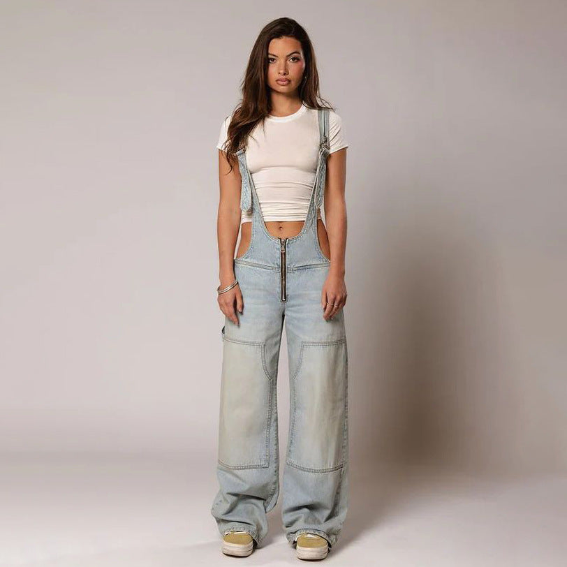 Jumpsuits Jeans Overalls  Backless Vintage Full Length Denim Straight Pants Loose Pockets