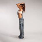 Jumpsuits Jeans Overalls  Backless Vintage Full Length Denim Straight Pants Loose Pockets